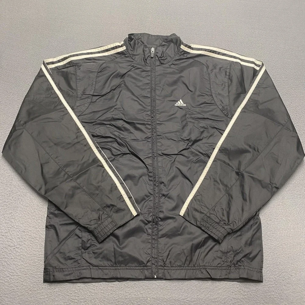 Adidas Jacket Mens Small Black Full Zip Windbreaker Three‎ Stripes Track 2000s
